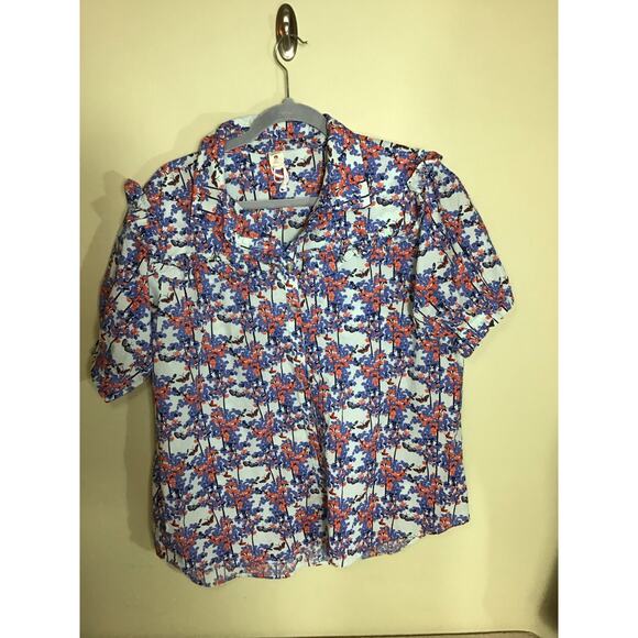 Kate Quinn Girls Cotton Button up Floral Ruffle Top Sz.XXL/ Women Med Blue NWOT - Picture 5 of 12